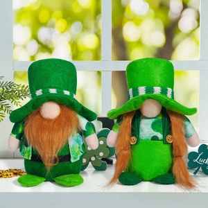 Saint Patrick's Day gnome plush duo with green hats, clover accents, and orange beards