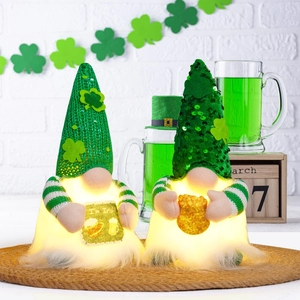 Detail of lit Saint Patrick's Day gnomes with green sequins and I'm Irish sign decor