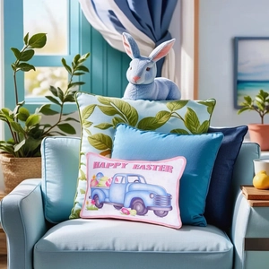 Detailed view of Happy Easter decorative pillow with blue truck print on a light blue sofa