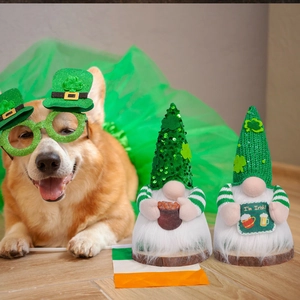 Detail of St. Patrick's Day gnomes with green sequins, clover hats, and festive signs