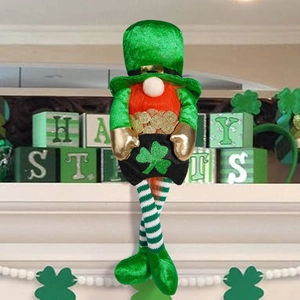 Detail of St. Patrick's Day gnome featuring red beard and LUCKY clover decoration