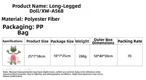 Detailed size chart showing dimensions for the long-legged frog plush toy with pink overalls