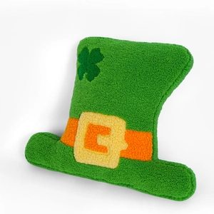 Green St. Patrick's Day leprechaun hat plush pillow with clover and orange belt
