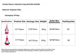 Detailed size chart for pink Valentine's Day knitted gnome ornaments showing dimensions
