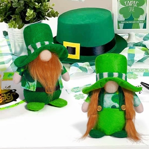 Close-up of St. Patrick's Day gnome plush with green felt fabric and orange beard