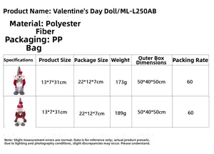 Size chart showing Valentine's faceless plush gnome dimensions 13x7x31cm and 189g weight