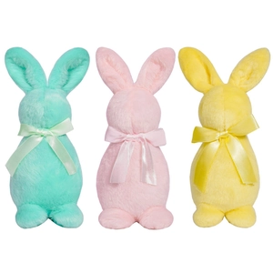 Adorable Easter plush bunny dolls in mint, pink, and yellow colors with silk neck bows