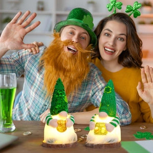 Glow-in-the-dark St. Patrick's Day gnomes with green sequins and warm lighting effects