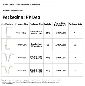 Detailed size chart for Easter bunny leg ornaments showing dimensions and weight specs