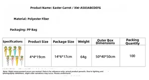 Detailed specifications table for Easter fabric carrot ornaments showing material and dimensions