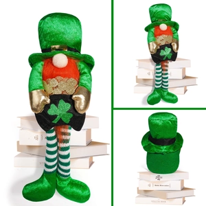 Three-sided view of St. Patrick's Day gnome with green clover hat and long striped legs