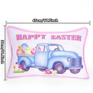 Easter truck pillow cover with pink trim and colorful eggs, 45x30cm decorative cushion