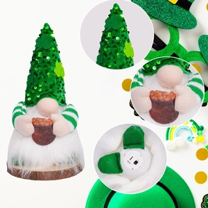 Detail of St. Patrick's gnome showing sequined hat, gold pot and bottom battery switch