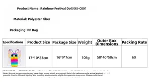 Rainbow butterfly plush specifications including dimensions 17x10x23cm and material details