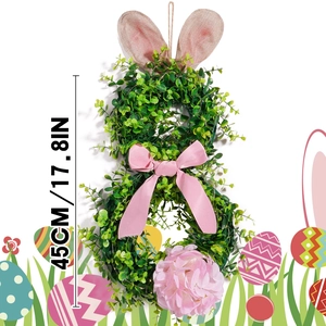 Easter bunny wreath with glowing lights, pink ears, and hydrangea flower 45cm décor