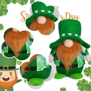 Detail view of St. Patrick's Day green gnome with plaid hat and long orange beard