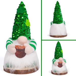 Detail view of St. Patrick's Day gnome featuring green sequins and a pot of gold