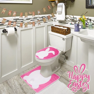 Pink Easter bathroom set featuring plush bunny toilet cover and non-slip U-shaped floor mat