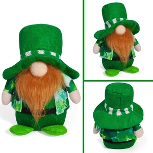 Detailed views of the St. Patrick's Day green gnome with orange beard and gold belt buckle