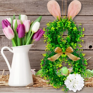 Corona de Conejo de Pascua Verdor Artificial Guirnalda Con Orejas Rosas Lazo Y Flor Para Decoración De Pared De Puerta
