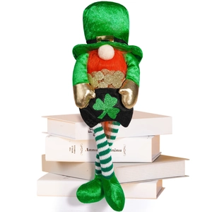 St. Patrick's Day gnome decor with green striped legs, orange beard, and clover gold bag