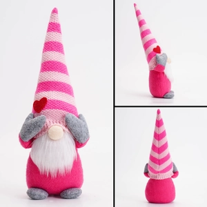 Detailed multi-angle views of pink Valentine gnome with striped hat and red heart detail