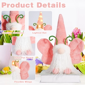 Gnome de Pâques rose avec bonnet lumineux, ailes de papillon et barbe en fausse fourrure