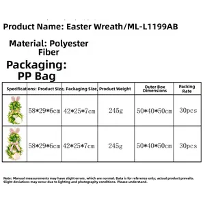 Detailed technical specifications for the Easter bunny wreath including size and material