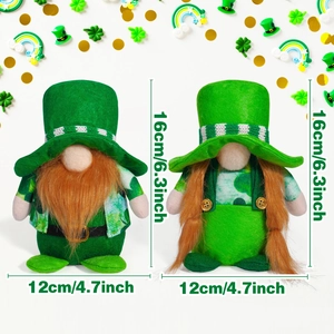 Pair of St. Patrick's Day gnomes with green shamrock outfits and striped hats