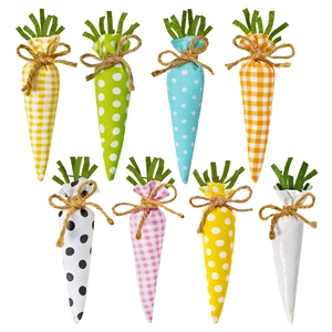 Detail of 8pcs fabric Easter carrots with checkered patterns and rustic jute twine bows