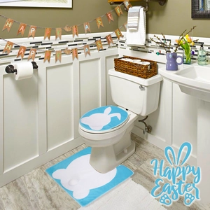 Detail of Easter bathroom set with blue bunny mats and soft flannel texture