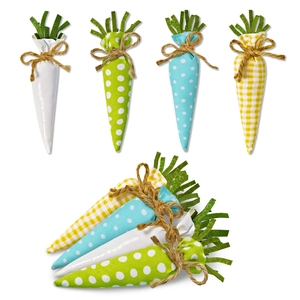 Detailed view of checkered and polka dot Easter fabric carrots with twine bow decorations
