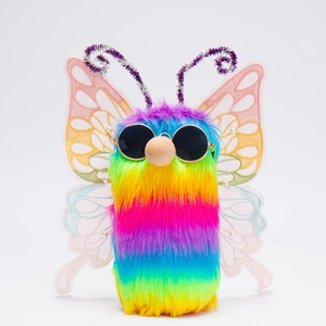 Rainbow plush butterfly doll with sunglasses and mesh wings for festive window decoration