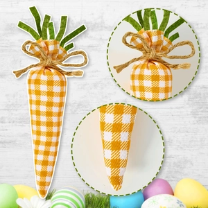Detail view of Easter carrot ornament with check pattern fabric and jute bow tie