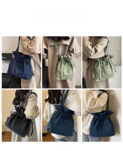 Collage of model wearing denim drawstring bucket bags in blue, grey, and green colors