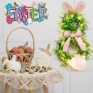 Close-up of Easter rabbit wreath with LED lights and green leaves on lace tablecloth