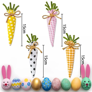 Detail view of 15cm Easter fabric carrots with diverse patterns and twine accents