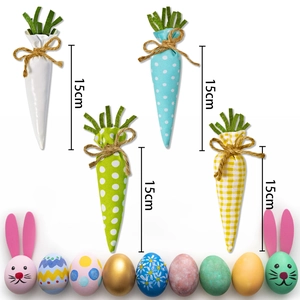 Set of 8 colorful fabric Easter carrots with polka dots and plaid patterns, 15cm long
