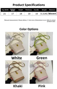 Size chart and dimensions guide for women's woven bucket bag in multiple colors