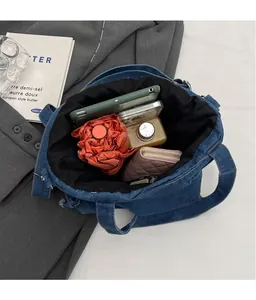Macro view of blue denim bucket bag interior showing large capacity for daily essentials