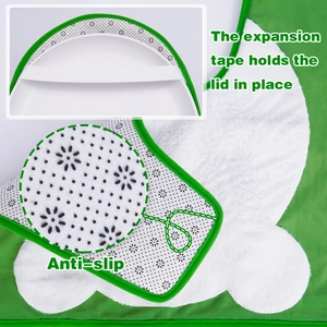 Detail of green Easter toilet lid cover with elastic expansion tape and anti-slip backing