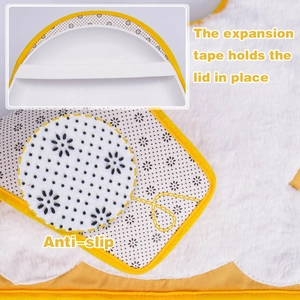 Detail of anti-slip backing and elastic strap on a plush Easter toilet cover set