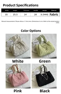 Detailed size specifications for a ruched fabric tote bag with elegant pearl chain accents