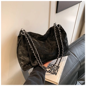 Fashionable black PU leather hobo tote bag with silver chain strap in vintage finish