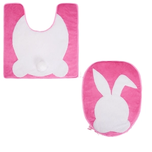 Pink Easter bunny bathroom set with 2 pieces including U-shape mat and toilet lid cover