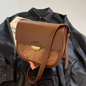 Sac Bandoulière Vintage en Cuir PU Style Selle Pour Femmes Rétro Surpiqûres Sac à Épaule à Rabat Avec Boucle Métallique Petit Sac Carré de Mode