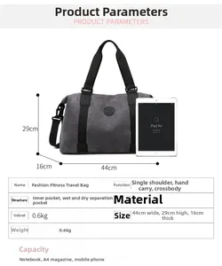 Detailed size specifications for large grey travel duffel bag with iPad size reference