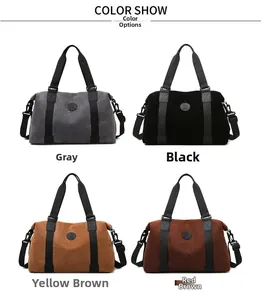 Detailed color selection of large canvas travel bags in gray, black, brown and tan