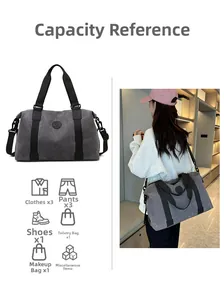 Large travel bag capacity guide showing space for clothes, shoes, and toiletries