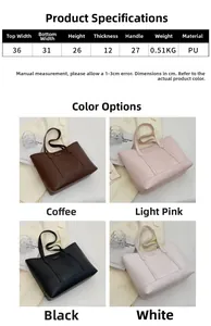 Size chart and dimensions for the crocodile embossed PU leather tote bag in four colors